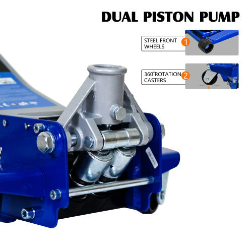 Low-Position Steel Vehicle Floor-mounted Hydraulic Jack With Dual-piston Quick-lift Pump, 3-Ton 6,600 Lb Capacity.