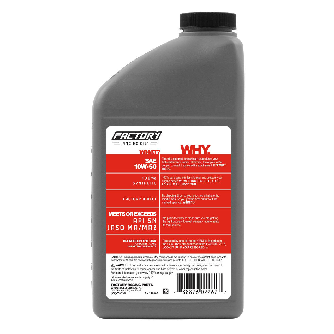 Factory Racing Oil 10W-50 Full Synthetic Powersports Engine Oil - API SN JASO MA/MA2 -6 Quart Pack-2