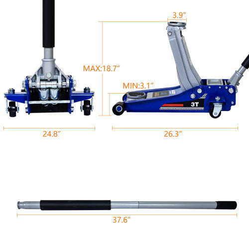 Low-Position Steel Vehicle Floor-mounted Hydraulic Jack With Dual-piston Quick-lift Pump, 3-Ton  6,600 Lb Capacity.