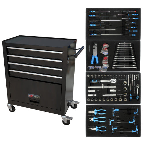 4-Drawer Rrolling Tool Box, 24.4 With 4 Wheels And Drawers With Tools, For Garage, Warehouse, Workshop, Shop,BLACK